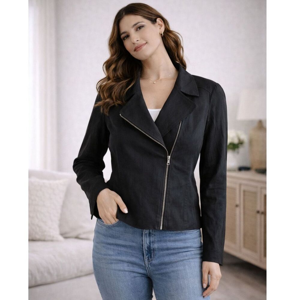 100% Linen Talbots Grace Fit Blazer Jacket Full Zip Long Sleeve Black 14P